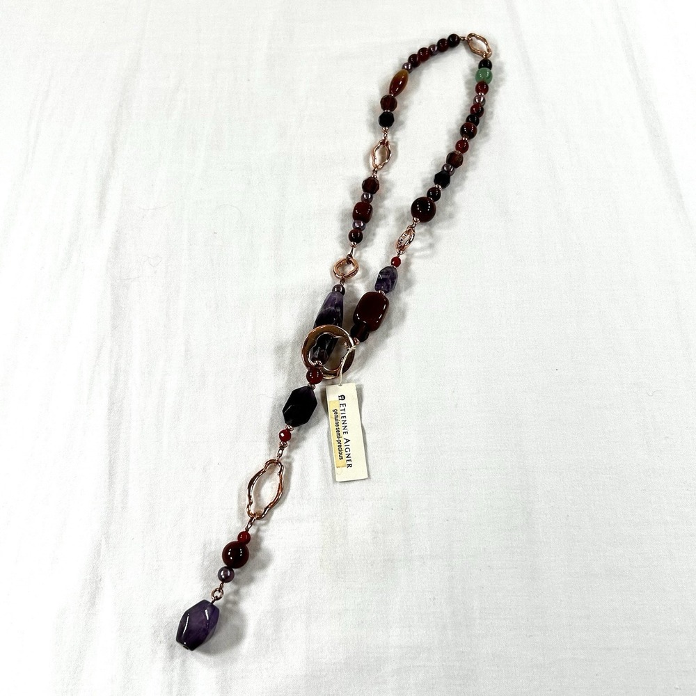Etienne Aigner Vintage Rose Gold Beaded Y-Necklace Amethyst Carnelian 15" Agate